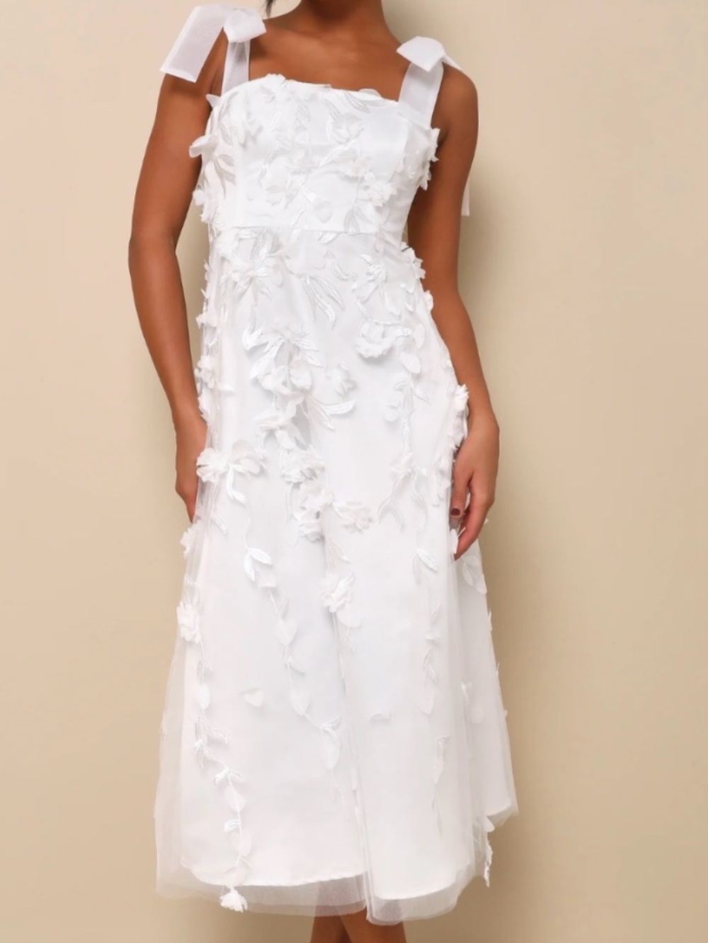 Lulu's White 3D Floral Tie-Shoulder Midi Dress